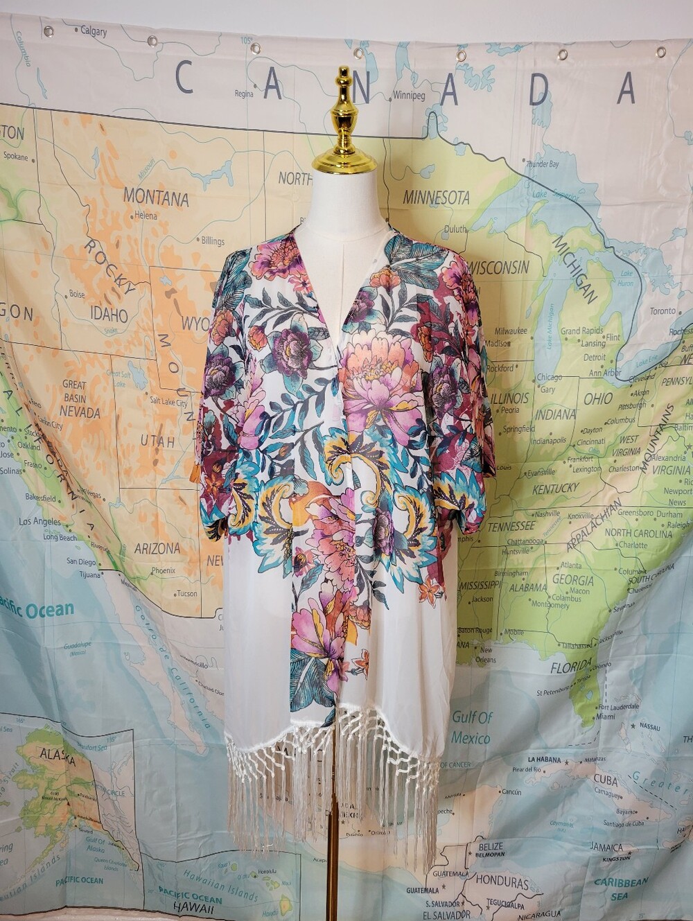 Floral Fringe Kimono White with Multicolor Floral Print Swim Suite Cover